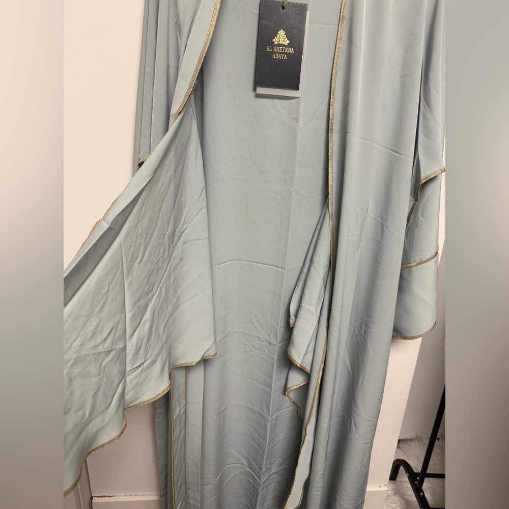 3 Piece set with shawl Light Sage Long Sleeve Maxi Dress with Waist Tie - Picture 5 of 8